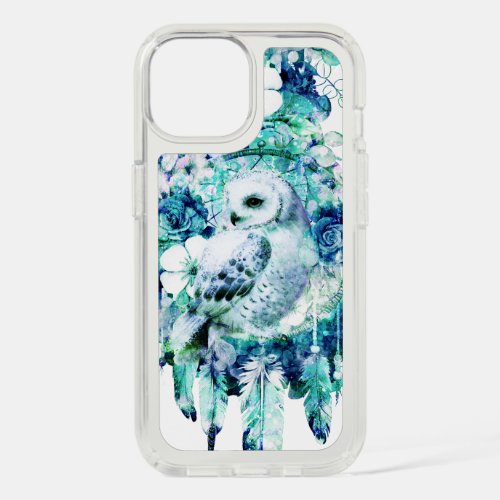 Snow Owl Dreamcatcher Green and Teal Blue Floral iPhone 15 Case