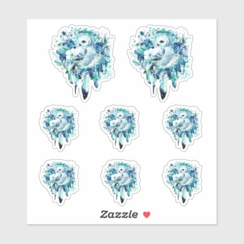 Snow Owl Dreamcatcher Green and Teal Blue Floral Sticker