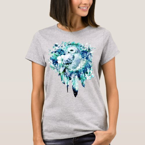 Snow Owl Dreamcatcher Green and Teal Blue Floral T_Shirt