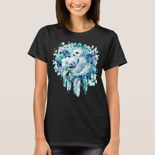 Snow Owl Dreamcatcher Green and Teal Blue Floral T_Shirt