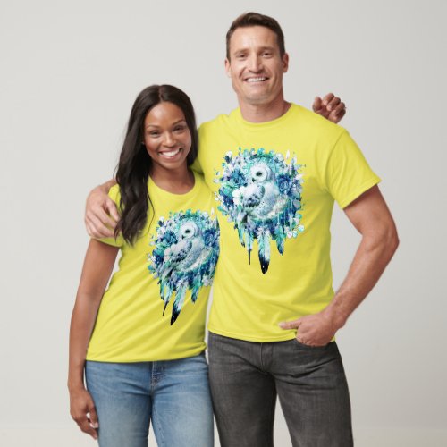 Snow Owl Dreamcatcher Green and Teal Blue Floral T_Shirt