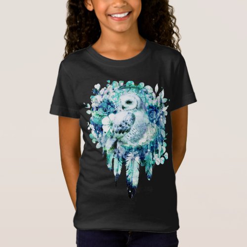 Snow Owl Dreamcatcher Green and Teal Blue Floral T_Shirt