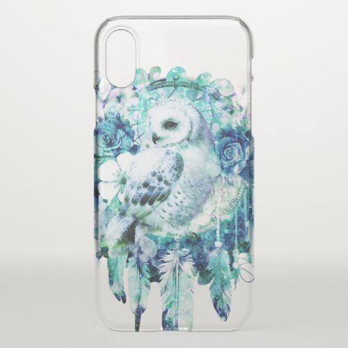 Snow Owl Dreamcatcher Green and Teal Blue Floral iPhone X Case