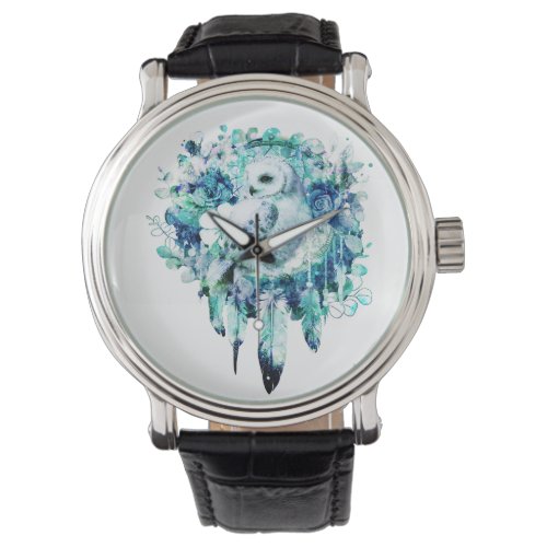 Snow Owl Dreamcatcher Green and Teal Blue Floral Watch