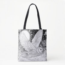 Snow owl flying under the magical stars