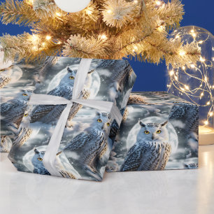Snow Owl in Winter Moonlight Wrapping Paper