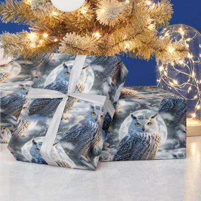 Snow Owl in Winter Moonlight Wrapping Paper