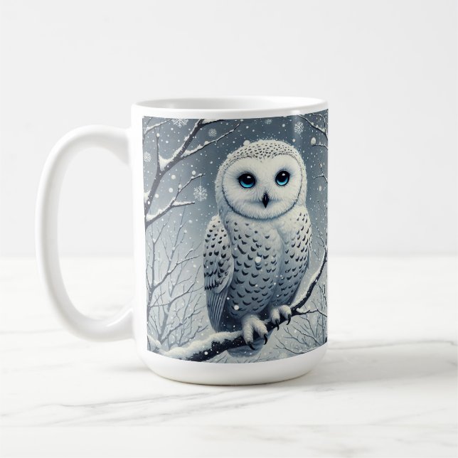 Snow Owl Perched on Snowy Branch  Coffee Mug (Left)