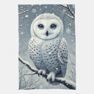 Snow Owl Perched on Snowy Branch Kitchen Towel