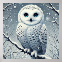 Snow Owl Perched on Snowy Branch