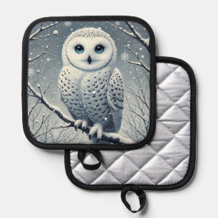 Snow Owl Perched on Snowy Branch  Pot Holder