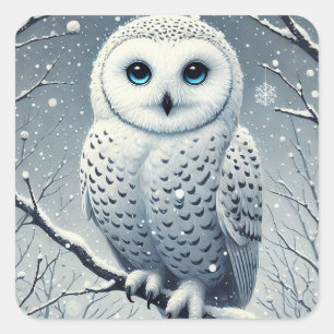 Snow Owl Perched on Snowy Branch Square Sticker