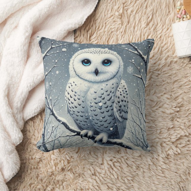 Snow Owl Perched on Snowy Branch  Throw Pillow (Blanket)