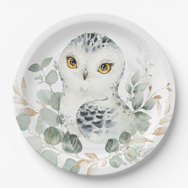 Snow Owl Winter Greenery Eucalyptus Gold Shower Paper Plates (Front)