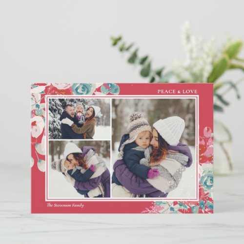 Snow peace love green red floral 3 photos holiday card