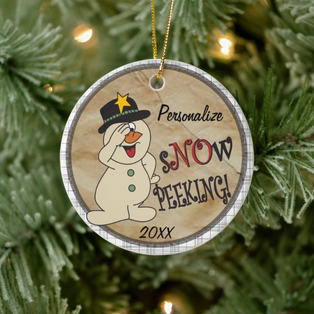 Snow Peeking Snowman Ceramic Ornament (Tree)