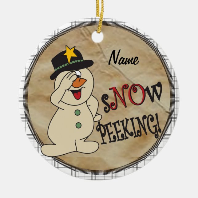 Snow Peeking Snowman Ceramic Ornament (Front)