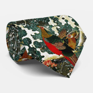 Snow Pheasants ,Pine Tree,Roses,Japanese Floral Neck Tie