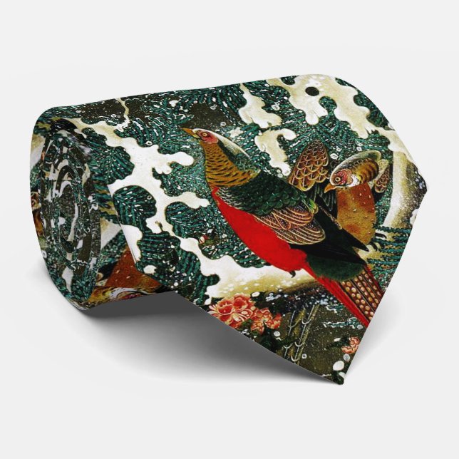 Snow Pheasants ,Pine Tree,Roses,Japanese Floral  Neck Tie (Rolled)