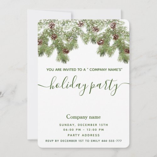 Snow pine branch holiday party corporate invitation