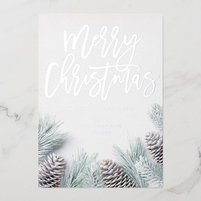 Snow Pine & Leaf Merry Christmas Foil Invitation (Front)