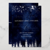 snow pine navy blue Christmas Save The Date Foil Invitation