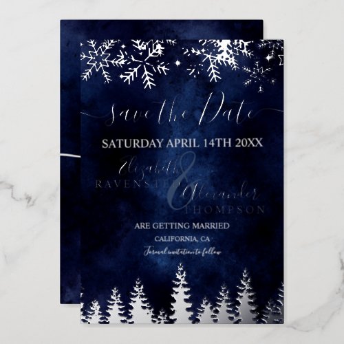  snow pine navy blue Christmas Save The Date Foil Invitation