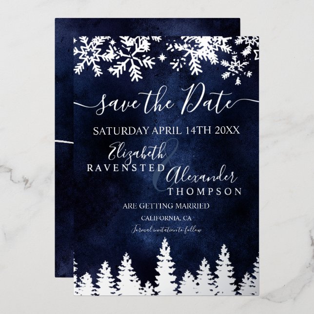  snow pine navy blue Christmas Save The Date Foil Invitation (Front/Back)