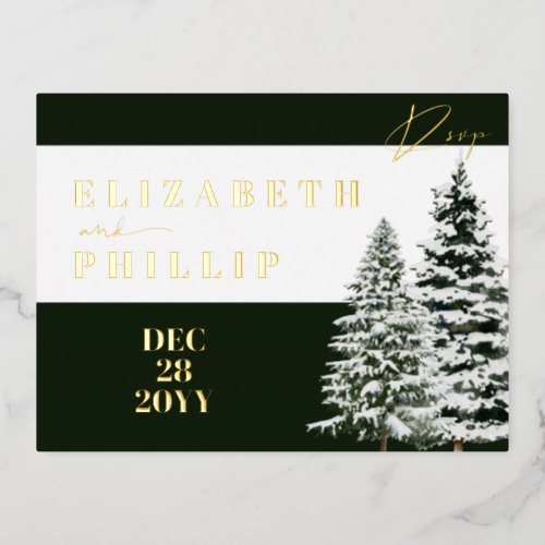 Snow Pine Trees Christmas Holiday Green RSVP Foil Invitation Postcard