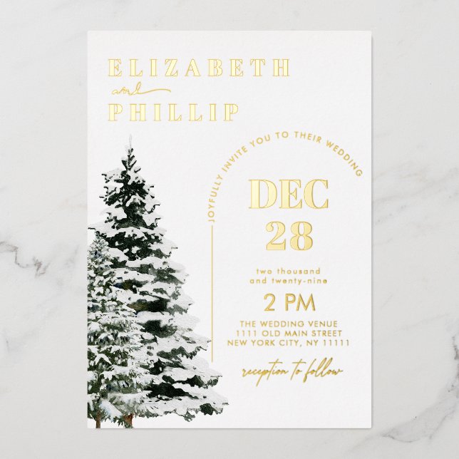 Snow Pine Trees Christmas Winter Holiday Wedding Foil Invitation (Front)