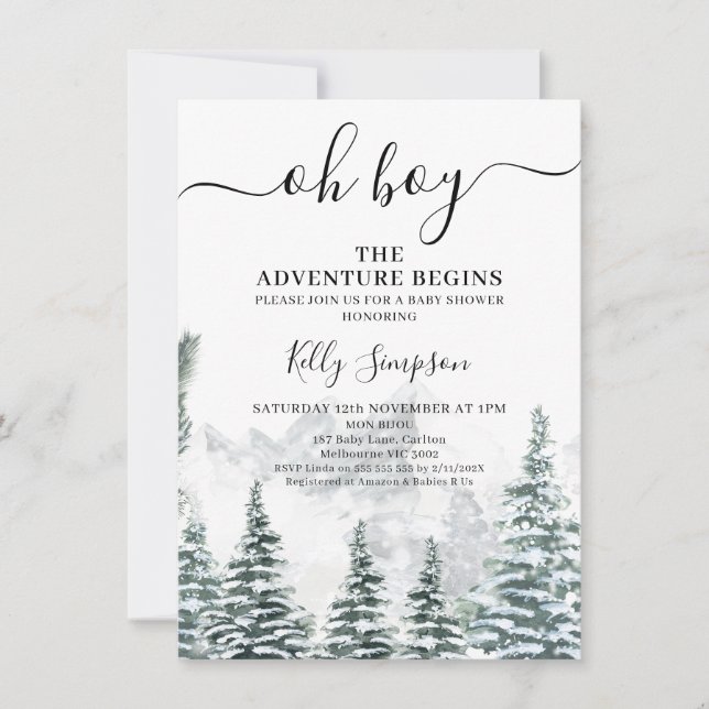 Snow Pines Adventure Begins Wilderness Baby Shower Invitation (Front)