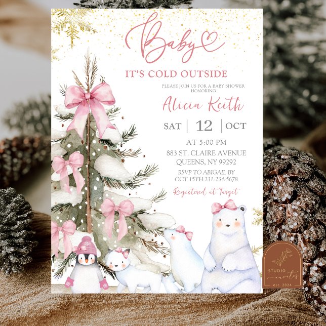 Snow Pink Winter Arctic Animals Baby Shower Invitation (Creator Uploaded)