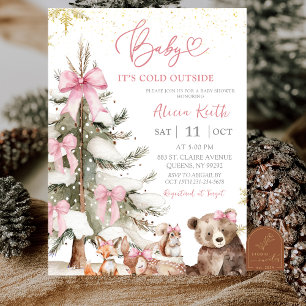 Snow Pink Winter Woodland Baby Shower Invitation