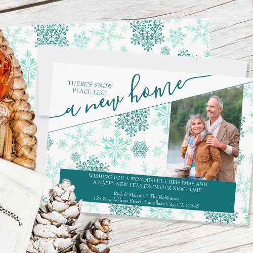 Snow Place Like a New Home Green Snowflake Photo Holiday Card
