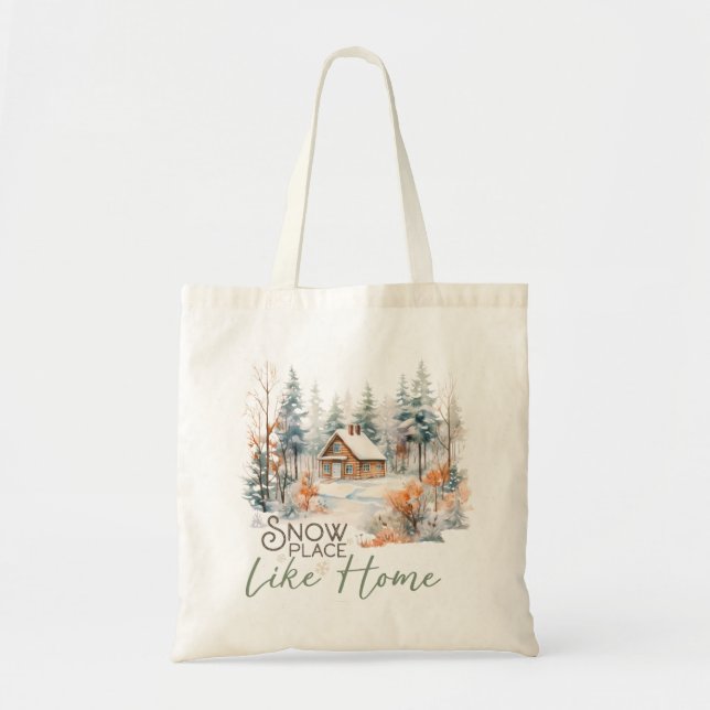 Snow Place Like Home, Mountain Cabin Christmas Tote Bag (Front)