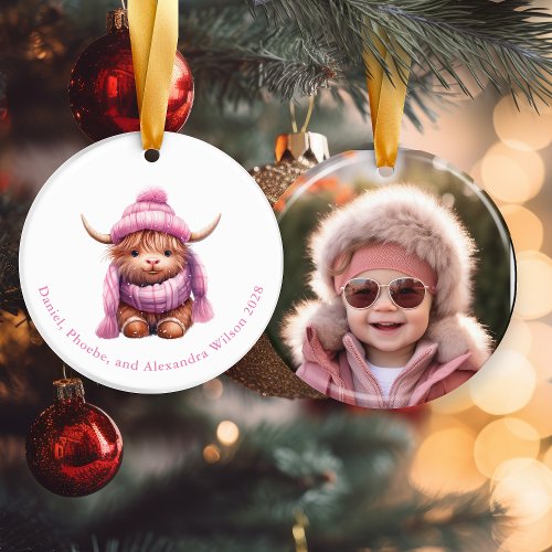 Snow Play Pink Highland Cow Christmas Ornament