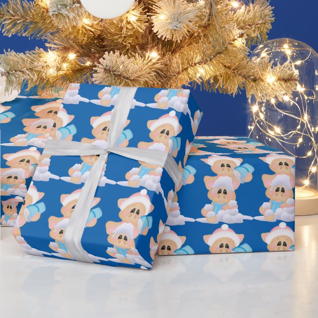 Snow playing tiled Christmas pig wrapping paper (Holidays)