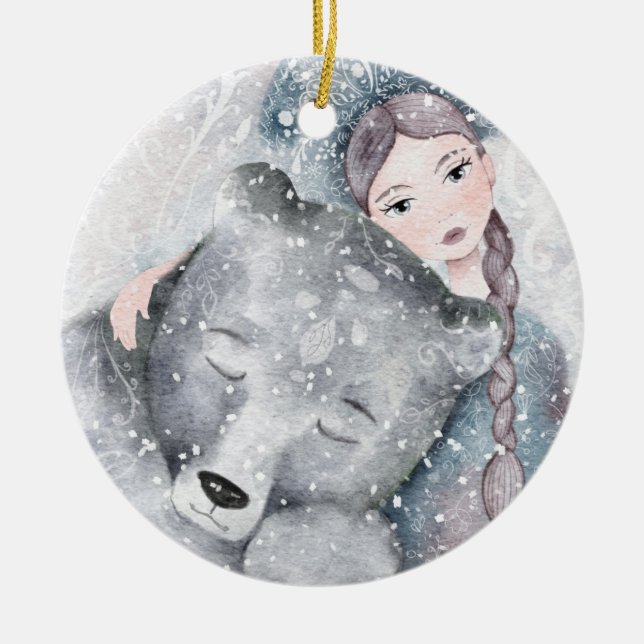Snow Princess Bear Bleak Midwinter Lyrics Holiday  Ceramic Ornament (Front)