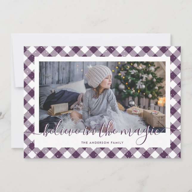 Snow Purple Gingham Calligraphy Believe Photo Holiday Card (Front)