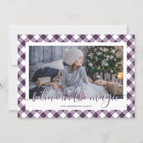 Snow Purple Gingham Calligraphy Believe Photo Holiday Card