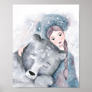 Snow Queen and Polar Bear in Soft Watercolor Butto Poster