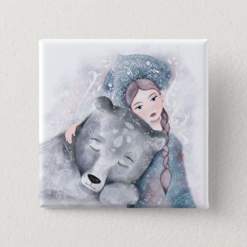 Snow Queen and Polar Bear in Soft Watercolor Button