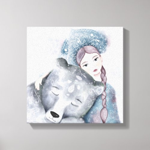 Snow Queen and Polar Bear in Soft Watercolor Canvas Print