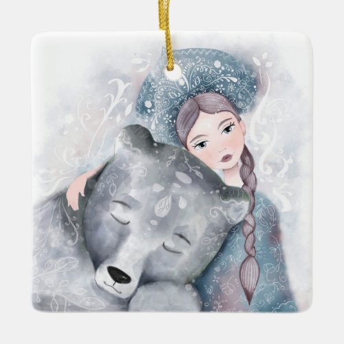 Snow Queen and Polar Bear in Soft Watercolor Ceramic Ornament