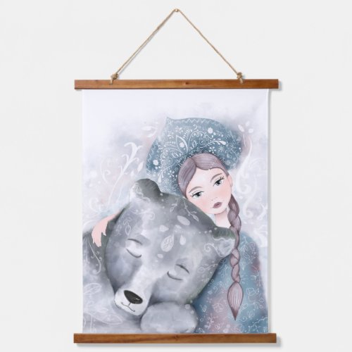 Snow Queen and Polar Bear in Soft Watercolor Hanging Tapestry