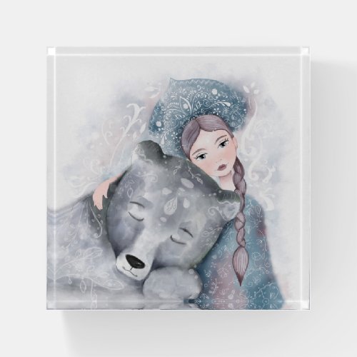 Snow Queen and Polar Bear in Soft Watercolor Paperweight