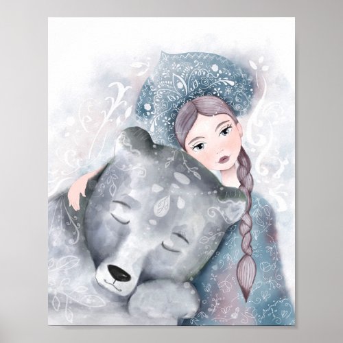 Snow Queen and Polar Bear in Soft Watercolor Poster