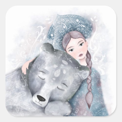 Snow Queen and Polar Bear in Soft Watercolor Square Sticker