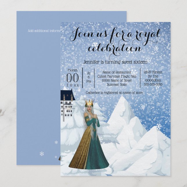 Snow queen castle princess theme party blue invitation (Front/Back)