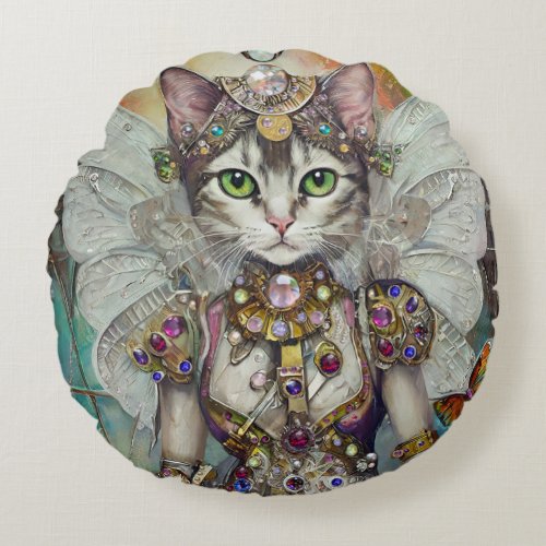 Snow Queen Cat of the Butterfly Wing Brigade Round Pillow